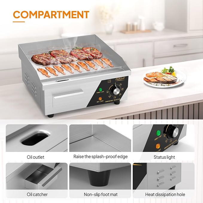 ROVSUN 14" Electric Countertop Flat Top Griddle, 1500W Electric Griddle - Image 6