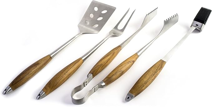 Barbecue Tool Set, 4 Piece Stainless Steel with Bonded Teak Handles