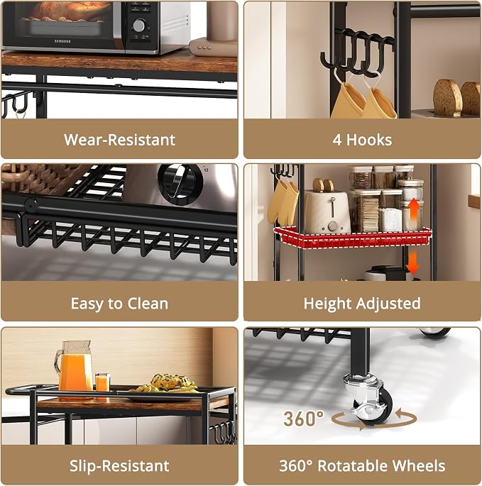 Microwave Kitchen Cart with Push Handle, 3 Tier Rolling Cart with 2 Lockable - Image 9