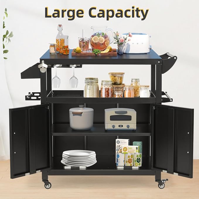 Outdoor Grill Prep Table Storage Cabinets Rolling Bar Grill Cart - Image 2