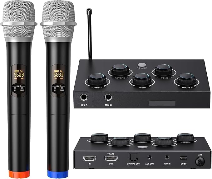 Wireless Microphone System, Dual UHF Portable Karaoke Microphone, HDMI & AUX by Voijump