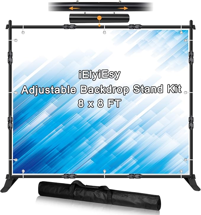 iElyiEsy Backdrop Banner Stand, 8x8FT Heavy Duty Adjustable Step and Repeat by iElyiEsy