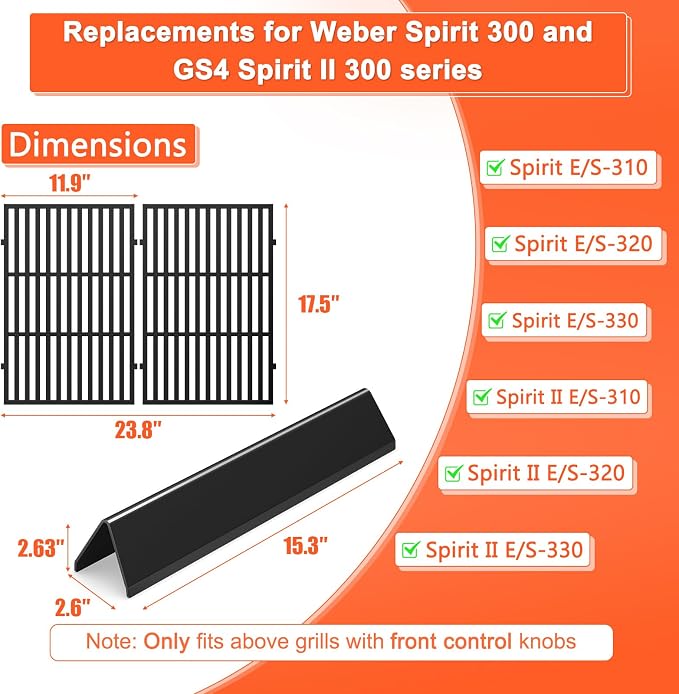 Spirit E310 Grill Parts for Weber Spirit, 17.5" Grill Grates 15.3" Flavorizer - Image 2