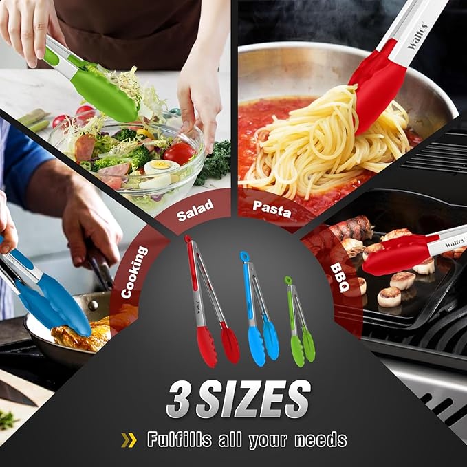 Silicone Kitchen Tongs Set, 3 Sizes 7, 9 and 12 Inch, Stainless Steel