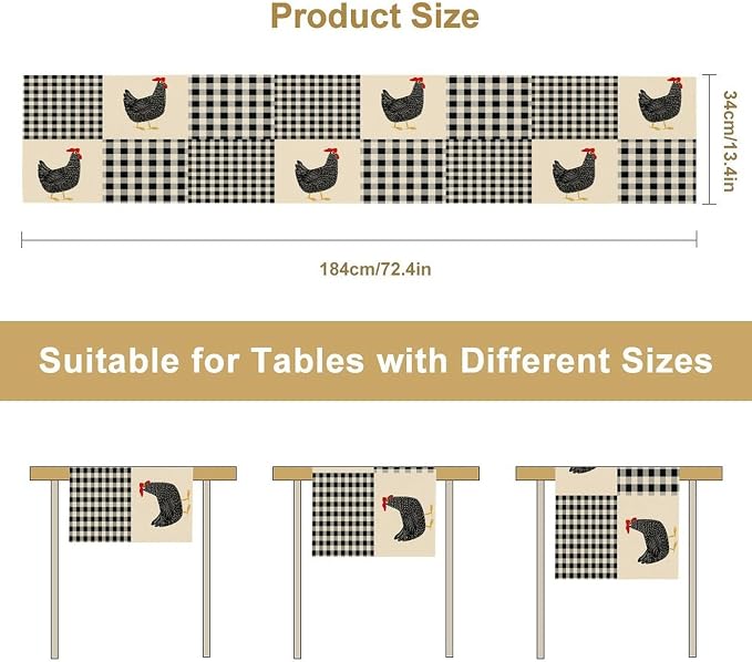Farm Animal Table Runner, Chicken Hen Black White Buffalo Plaid Check Farmhouse - Image 7