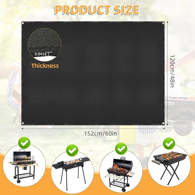 Grill Floor Mat, Black Fiberglass, 60 x 48 Inch Heat-Resistant