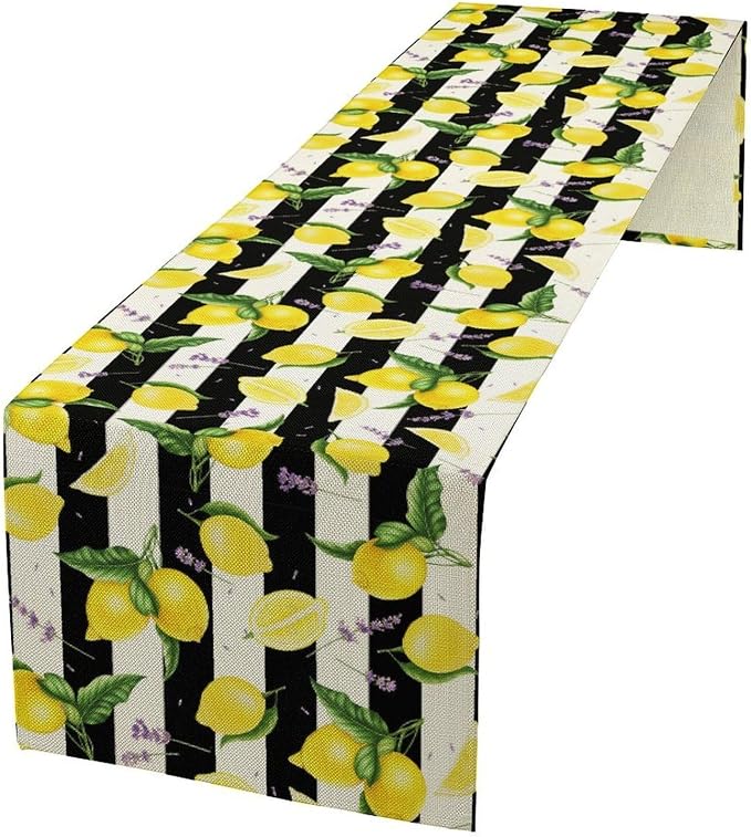 Farmhouse Lemon Fruit Table Runner Nature Aesthetic Black White Stripe Flowers by Unknown