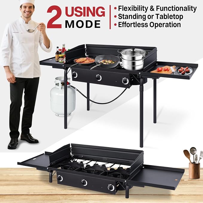 3 Burner Propane Camp Stove | 225, 000 BTU Gas Burners | Side Shelves | - Image 6