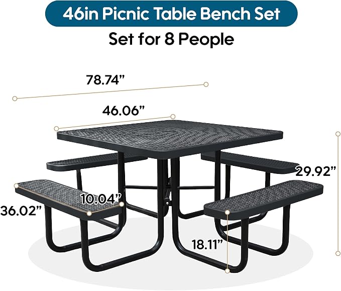 46" Square Picnic Table W/Benches, Heavy Duty Metal Picnic Table Set - Image 2