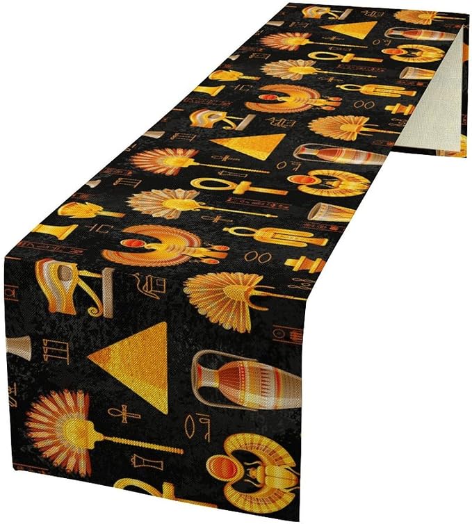 Egyptian Table Runner, Retro Egypt Mural Old Hieroglyphic Elements Ancient by Unknown