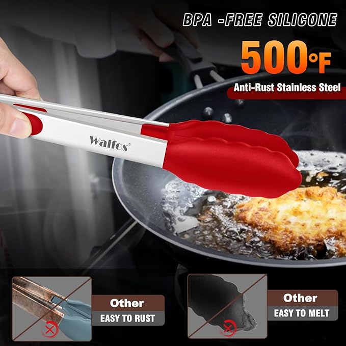 Silicone Kitchen Tongs Set, 3 Sizes 7, 9 and 12 Inch, Stainless Steel