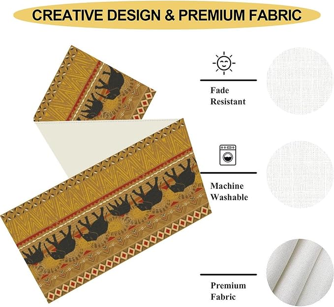 African Tribe Table Runner, Rustic Elephants Tribal Boho Diwali India - Image 5