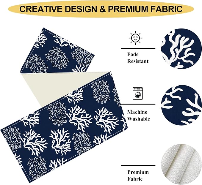 Coastal Table Runner, Summer Seasonal Beach Navy Blue Coral Nautical Tropical - Image 4