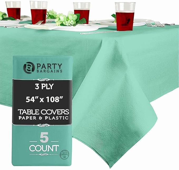 PARTY BARGAINS 54" X 108" Paper & Plastic Table Covers, Mint Green, 5 Pack by PARTYBARGAINS