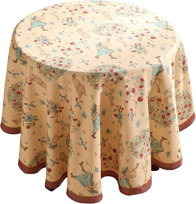 patdrea Designer Linen Beige Round Tablecloth, Vintage Italian Trees Pattern by Welcometopatdrea