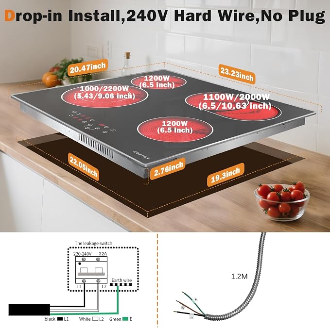 Noxton 24 Inch Electric Cooktop, 4 Burners Ceramic Glass Stove Top - Image 6