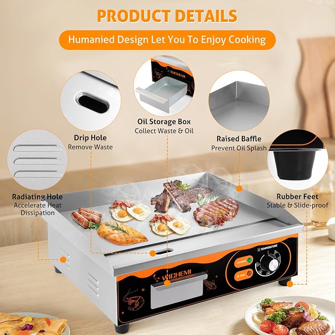 WICHEMI 22" Electric Grill Commercial Countertop Griddle Flat Top Grill Hot - Image 4
