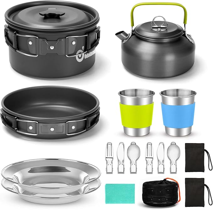 Odoland 15pcs Camping Cookware Mess Kit, Non-Stick Lightweight Pot Pan Kettle by Odoland