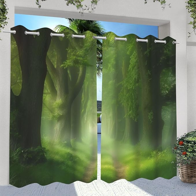 Forest Theme Waterproof Indoor/Outdoor Curtains, Dawn Trees Jungle Pattern - Image 2