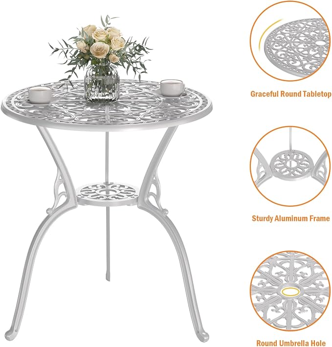 Patio Bistro Set of 2, Cast Aluminum, Outdoor Set w/Umbrella Hole, 3 Piece - Image 3
