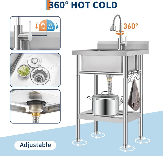 Stainless Steel Utility Sink, Free Standing Single Bowl Kitchen Sink, - Image 5
