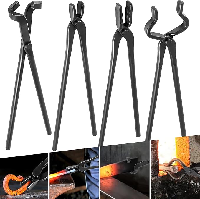 Knife Making Tongs Set, V-Bit Blade Tongs, 4-Piece, Black Steel