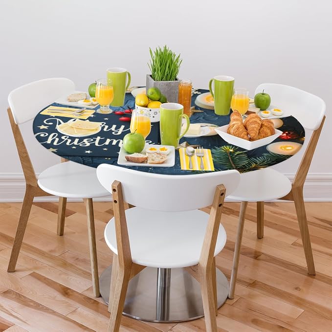 Merry Christmas Candle Star Round Table Cloth Cover, Elastic Edge Waterproof - Image 7