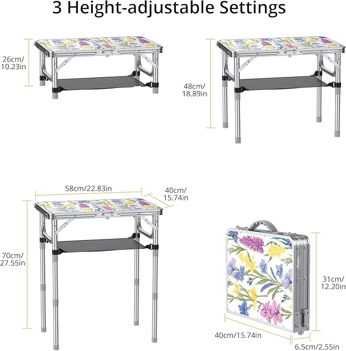 Anbte 2ft Folding Camping Table, 3 Adjustable Height Max 27.5" Small Folding - Image 3