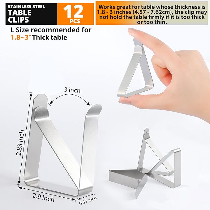 Large Tablecloth Clips- 12 Pack Stainless Steel, Rust Proof Table Cloth Holding - Image 2