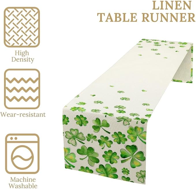 St.Patrick's Day Table Runner, Rustic Green Clover Seasonal Leaves White Green - Image 4