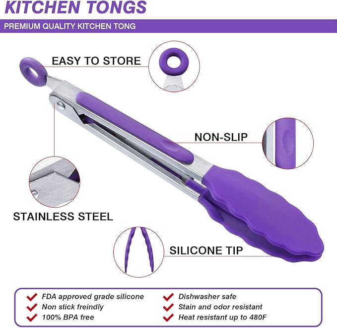 Tongs, 7 Inch Mini Stainless Steel Serving Tongs with Silicone Heads, Purple
