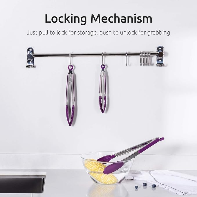 Cooking Tongs with Silicone Tips, 7, 9 and 12 Inch Stainless Steel, Purple