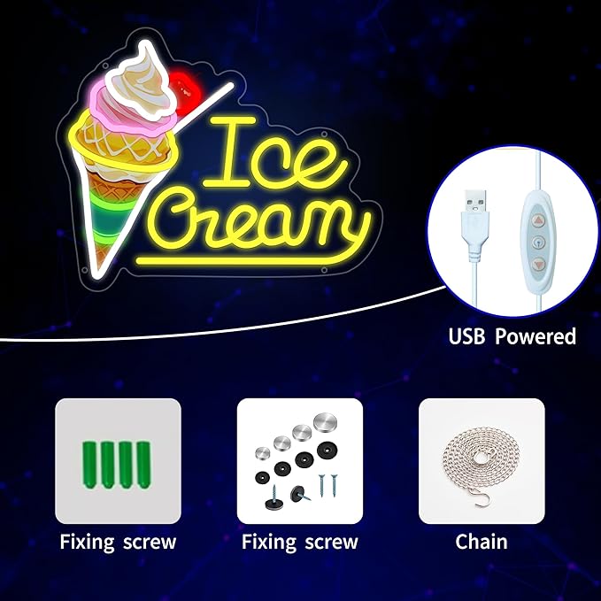 Ice Cream Neon Sign for Wall Decor, Ice Cream Led Signs, Dimmable USB Powered - Image 3