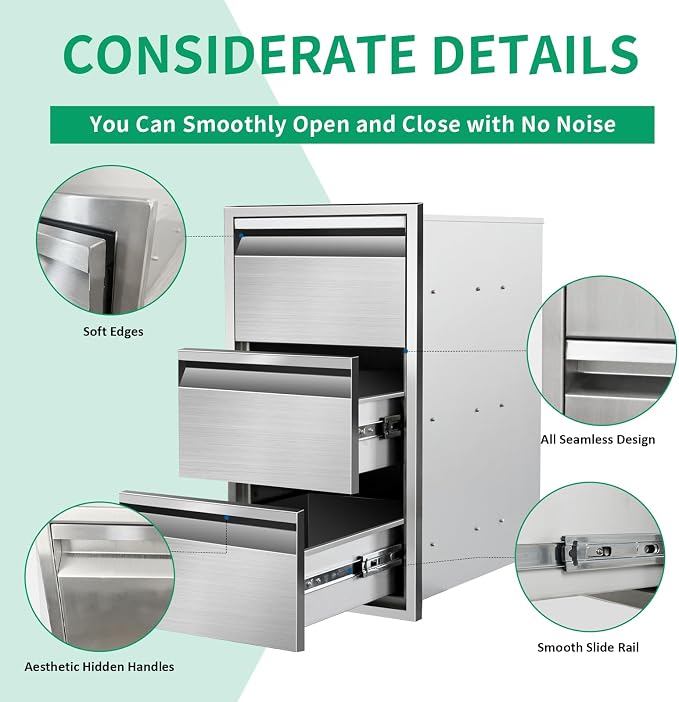 Outdoor Kitchen Drawers 14" W x 25.4" H x 21" D Stainless Steel Triple Drawers - Image 4