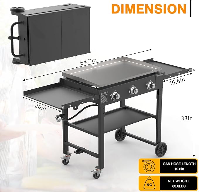 3 Burner Foldable Gas Griddle, 32 Inch Stainless Steel Portable Detachable - Image 3
