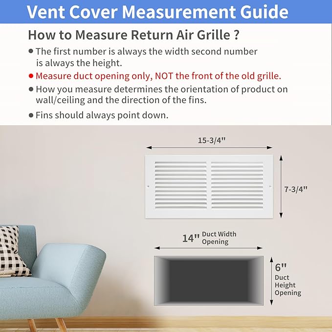 14"W x 6"H Steel Return Air Grille, Air Return Vent Cover - Image 5