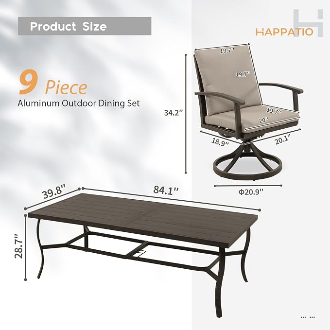 HAPPATIO Aluminum 9 Piece Patio Dining Set, Outdoor Swivel Dining Chairs and - Image 9