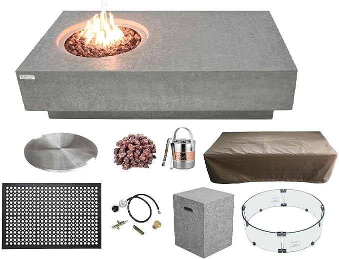 Elementi | Bundle Metropolis Gas Fire Pit Cast Concrete 56" Rectangular Fire by AMSFireplaceInc