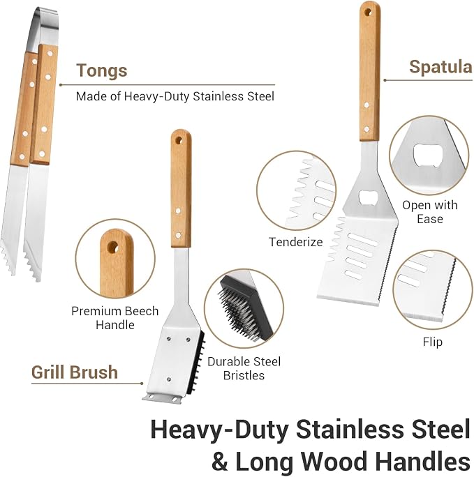 18pcs Wooden Grill Tool Set, BBQ Accessories Heavy Duty Stainless Steel Grill - Image 4