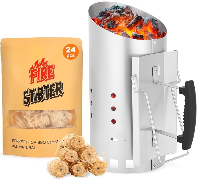 Charcoal Chimney Starter with 24 Pcs Natural Fire Starters, Heavy Duty by Sunlifer