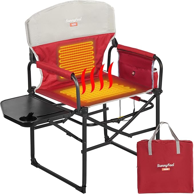 Camping Chair with USB Heated Seat, Red, Steel Frame, 300 lb Capacity