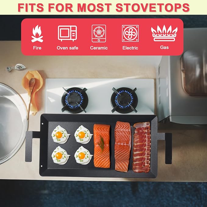 Griddle, Black Carbon Steel, 24 x 10.5 Inch with Heat-Resistant Gloves