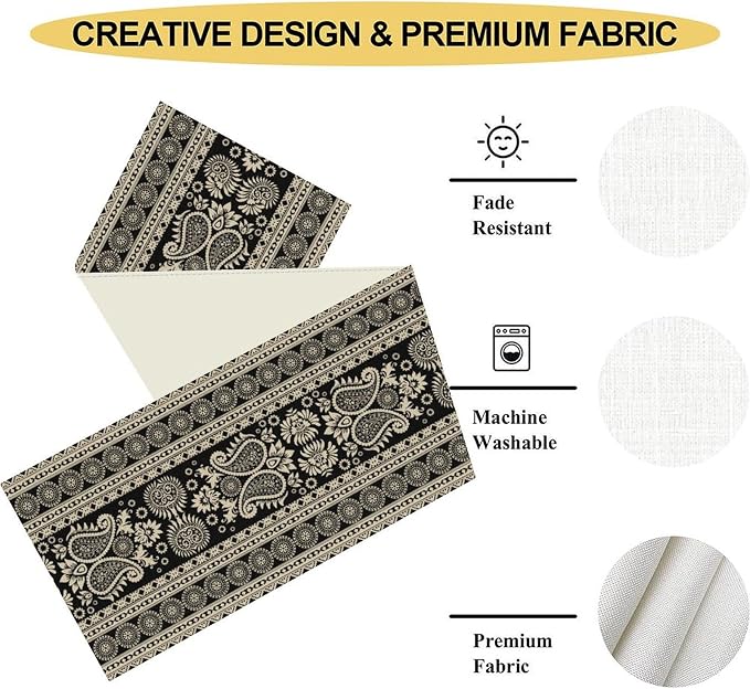 Black Paisley Table Runner, Rustic Damask Antique Floral Flower Retro Boho - Image 5