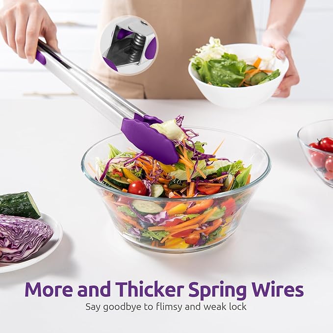 Kitchen Tongs 16-Inch with Silicone Tips, 600°F Heat Resistant, Purple