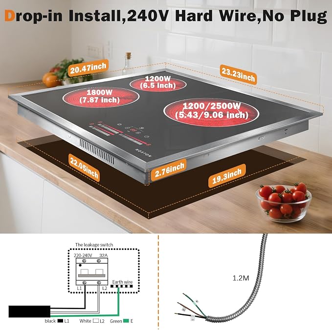 Noxton 24 Inch Electric Cooktop, 3 Burner Built-in Radiant Stove Top, Stainless - Image 6