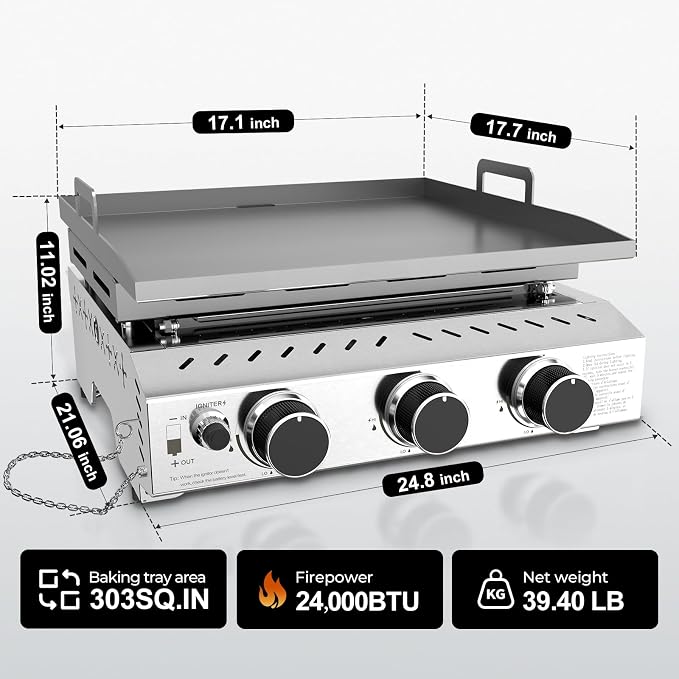 R.W.FLAME 3 Burner Tabletop Propane Griddle, 000 BTU Flat Top Grill - Image 3