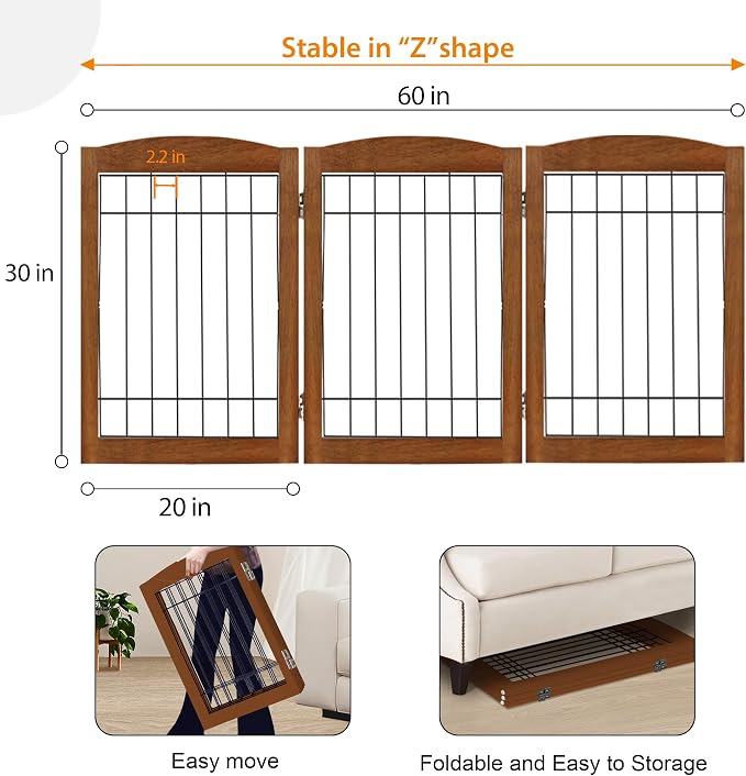 LZRS 3-Panel Freestanding Adjustable Wooden Dog Gate—30" Tall Foldable Pet - Image 5