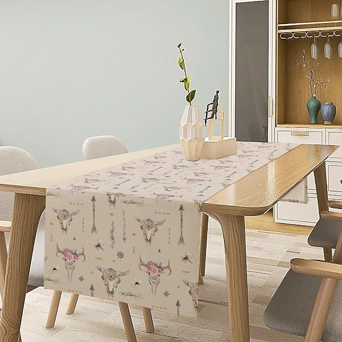 Western Boho Table Runner, Aztec Native Tribal Bull Skull Southwestern Bohemian - Image 3