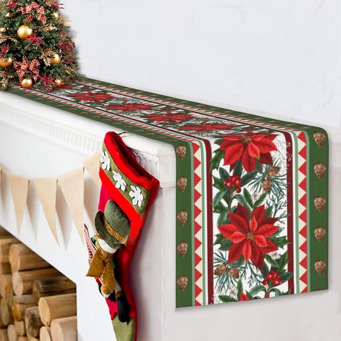 Christmas Flower Table Runner Burlap Kitchen Dining Linen Table Decoration - Image 8