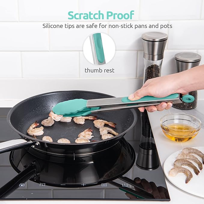 Kitchen Tongs with Silicone Tips, 12 Inch, Aqua, Heat Resistant